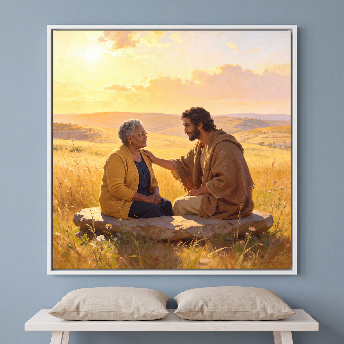 Personalized Jesus of Nazareth canvas of a woman sitting on a stone with Jesus in a golden meadow, in a White floating frame