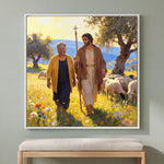 Personalized Jesus of Nazareth canvas of a woman walking with the Good Shepherd and His cross staff among sheep, in a White floating frame