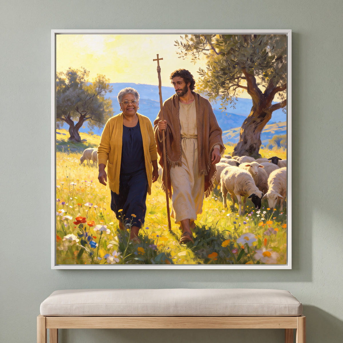 Personalized Jesus of Nazareth canvas of a woman walking with the Good Shepherd and His cross staff among sheep, in a White floating frame