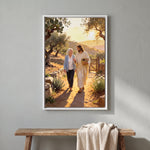 Personalized Jesus canvas of an older woman walking home with Jesus through an olive orchard in a White floating frame