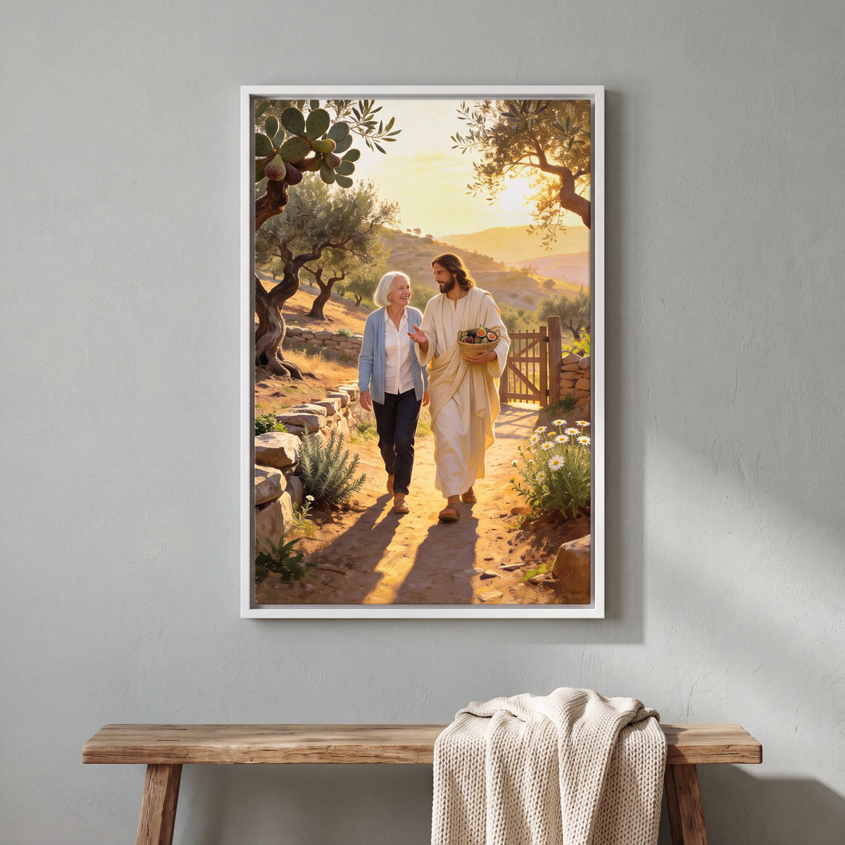Personalized Jesus canvas of an older woman walking home with Jesus through an olive orchard in a White floating frame