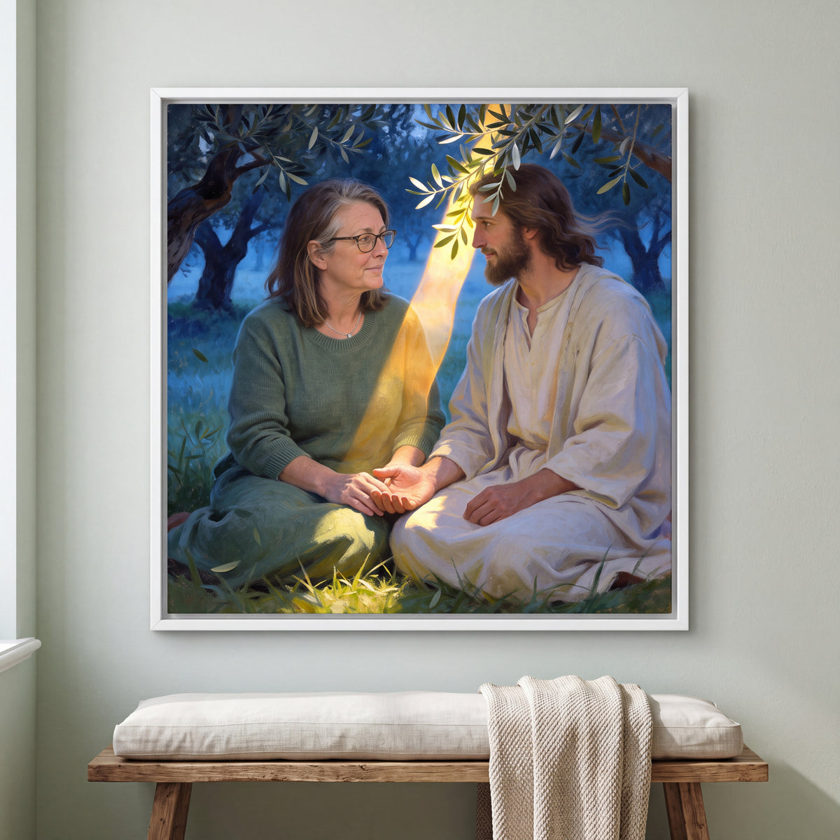 Personalized Jesus canvas of a woman sitting with Jesus beneath an olive tree, hands joined, in a White floating frame
