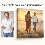 Photo to canvas example of James walking beside Jesus at sunrise with optional faith wording