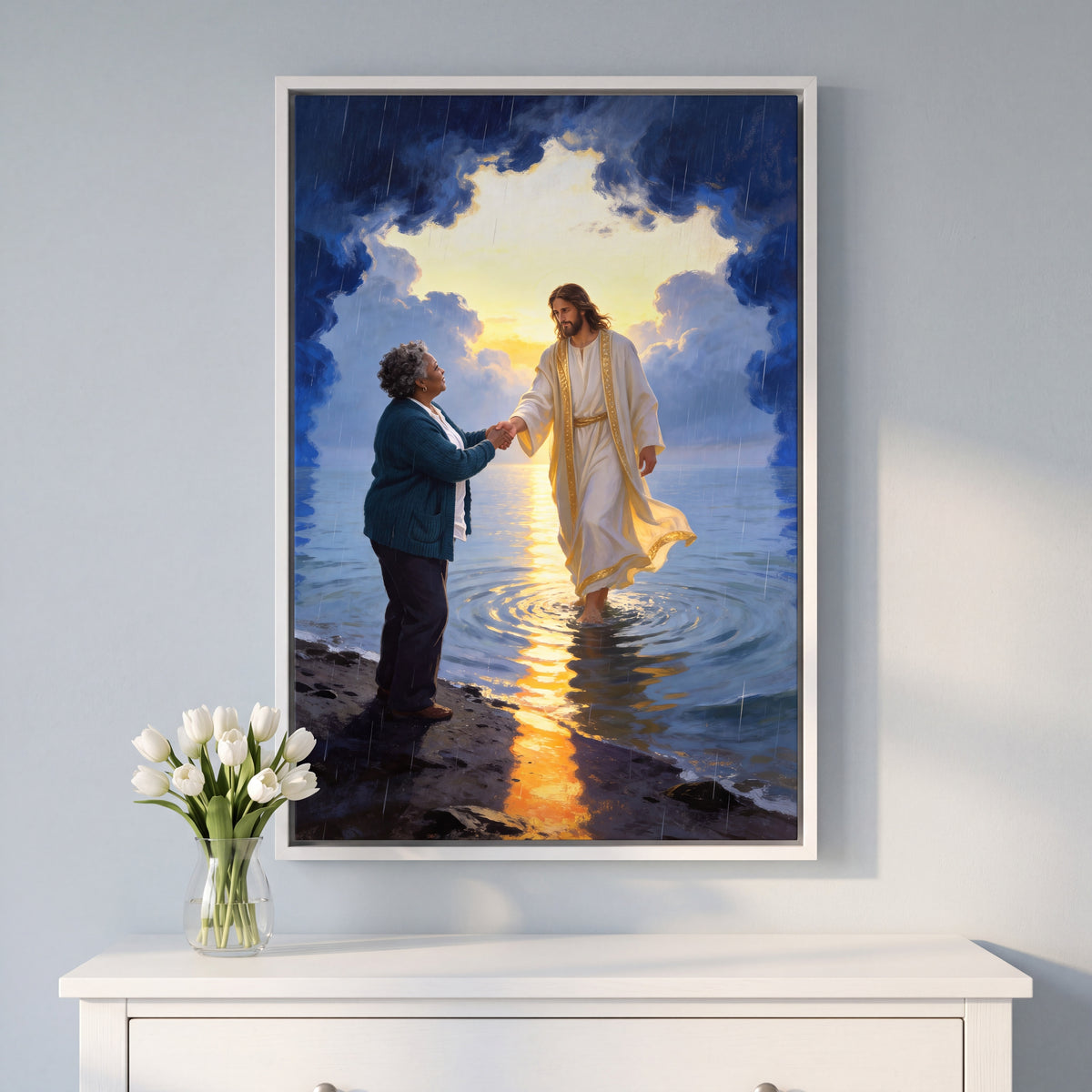 Personalized Jesus canvas of a woman taking Jesus' hand at the water's edge as dawn breaks, in a White floating frame