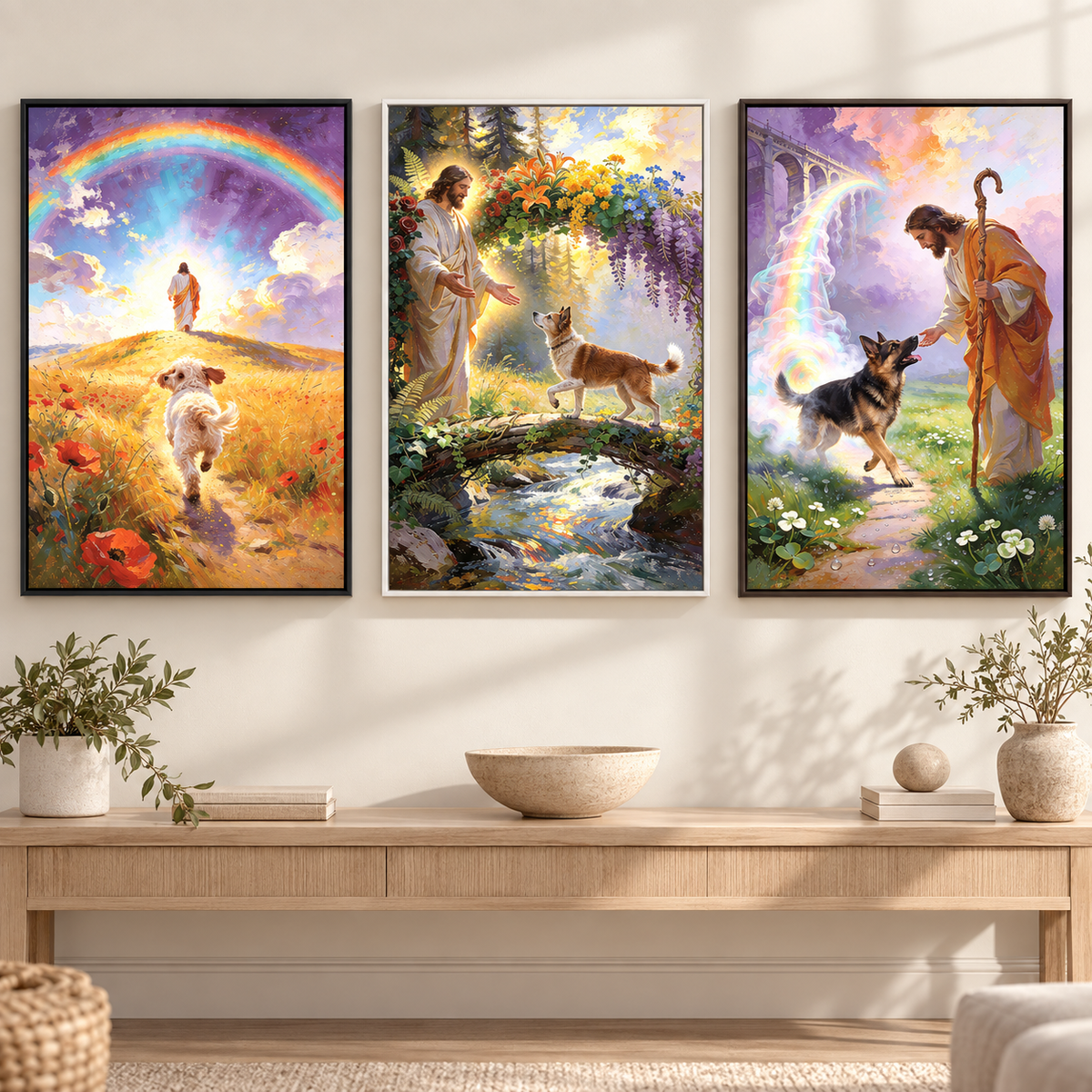 Rainbow Bridge Homecoming pet memorial choices in Black White and Espresso floating frames