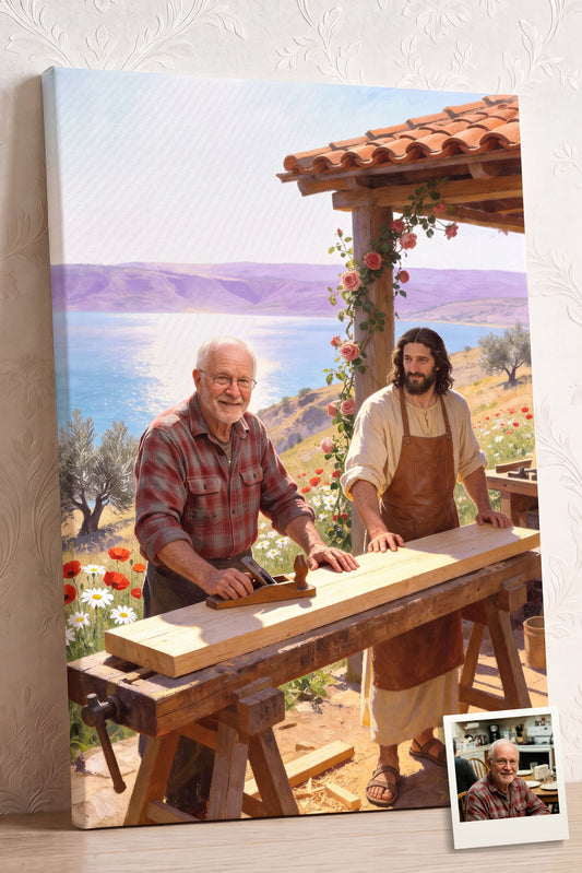 Personalized Jesus the Carpenter canvas: a grandfather working at the bench with Jesus above the Sea of Galilee, shown with the photo it was made from