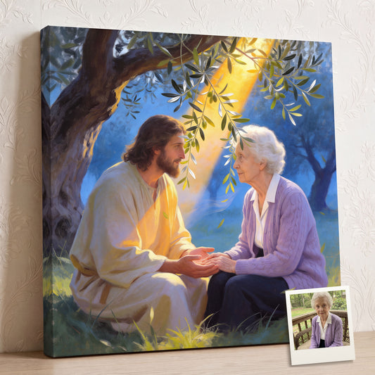Personalized Jesus Prays With You canvas of an older woman holding Jesus' hand beneath an olive tree, with a small print of her original photo