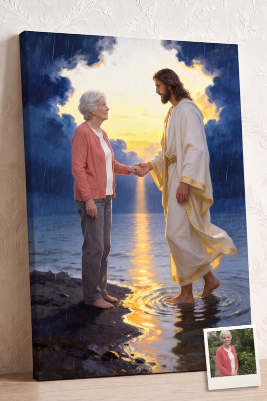 Personalized Jesus Take My Hand canvas of an older woman holding Jesus' hand on a stormy shore at dawn, with a small print of her original photo