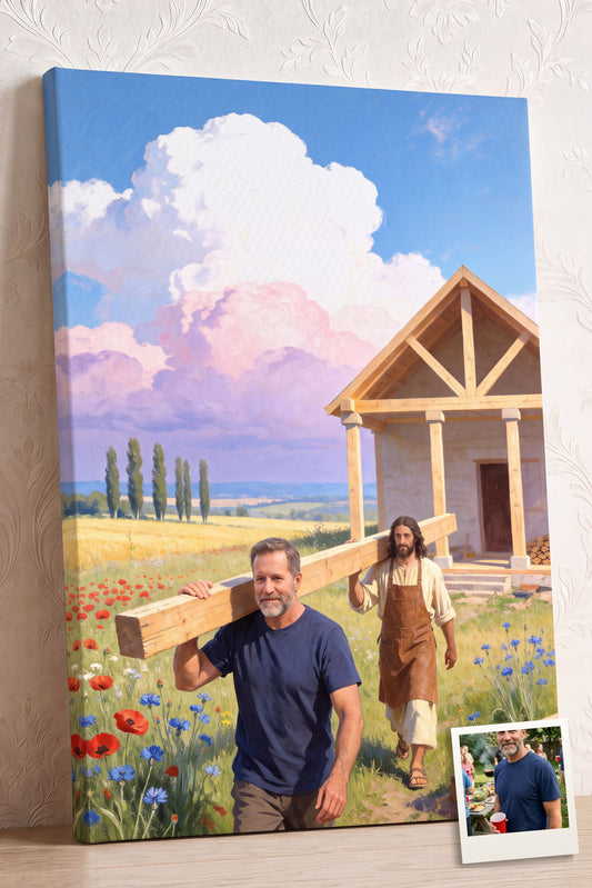 Personalized Jesus the Carpenter canvas: a man carrying a plank with Jesus to the cottage they are building, shown with the photo it was made from