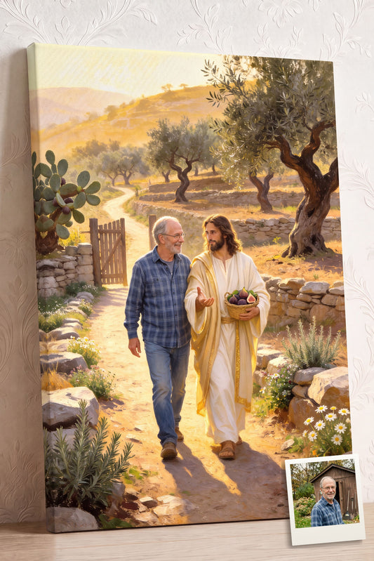 Personalized Christian canvas of an older man walking with Jesus through a fig and olive orchard, with a small print of his original photo