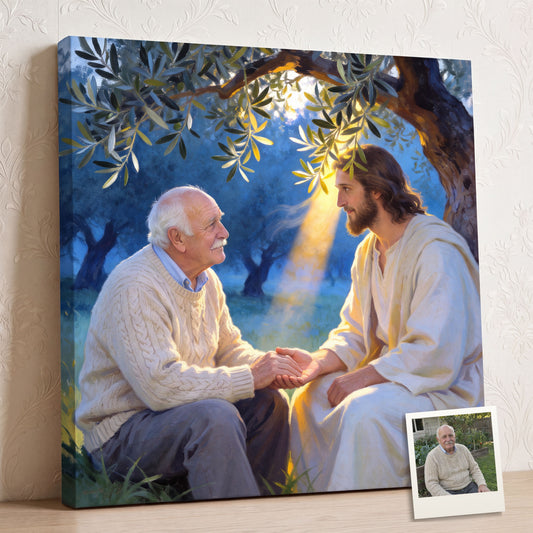 Personalized Christian canvas of an older man praying with Jesus in an olive grove, hands joined, with a small print of his original photo