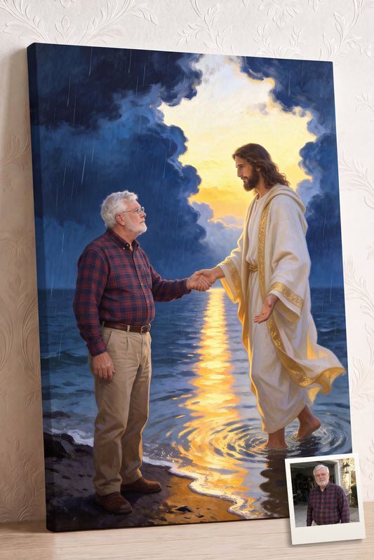 Personalized Christian canvas of an older man taking Jesus' hand at the water's edge as the storm breaks, with a small print of his original photo