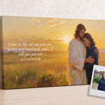 Personalized Jesus Hug landscape canvas with a woman, Matthew 11:28, and her source-photo Polaroid