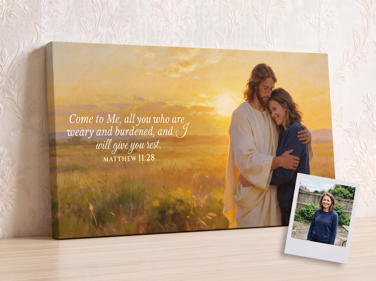 Personalized Jesus Hug landscape canvas with a woman, Matthew 11:28, and her source-photo Polaroid