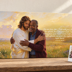 Personalized Jesus Hug landscape canvas with an older man, Isaiah 41:10, and his source-photo Polaroid