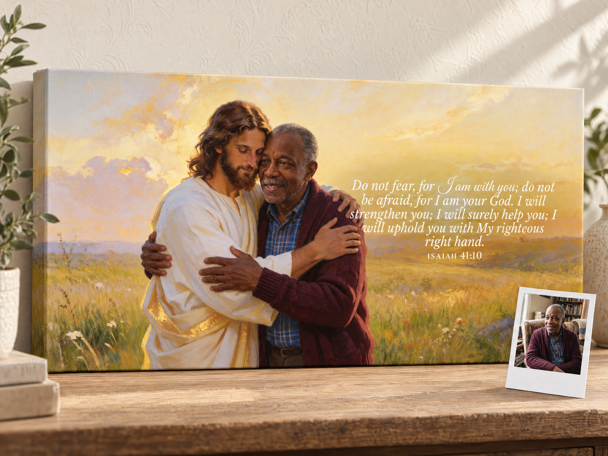 Personalized Jesus Hug landscape canvas with an older man, Isaiah 41:10, and his source-photo Polaroid