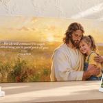Personalized Jesus Hug landscape canvas with a child, Psalm 91:11, and the source-photo Polaroid