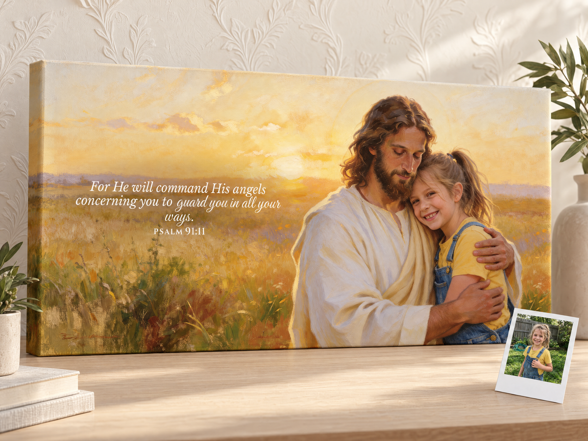 Personalized Jesus Hug landscape canvas with a child, Psalm 91:11, and the source-photo Polaroid