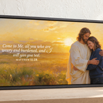 Woman’s personalized Jesus Hug landscape canvas with Matthew 11:28 in a black floating frame