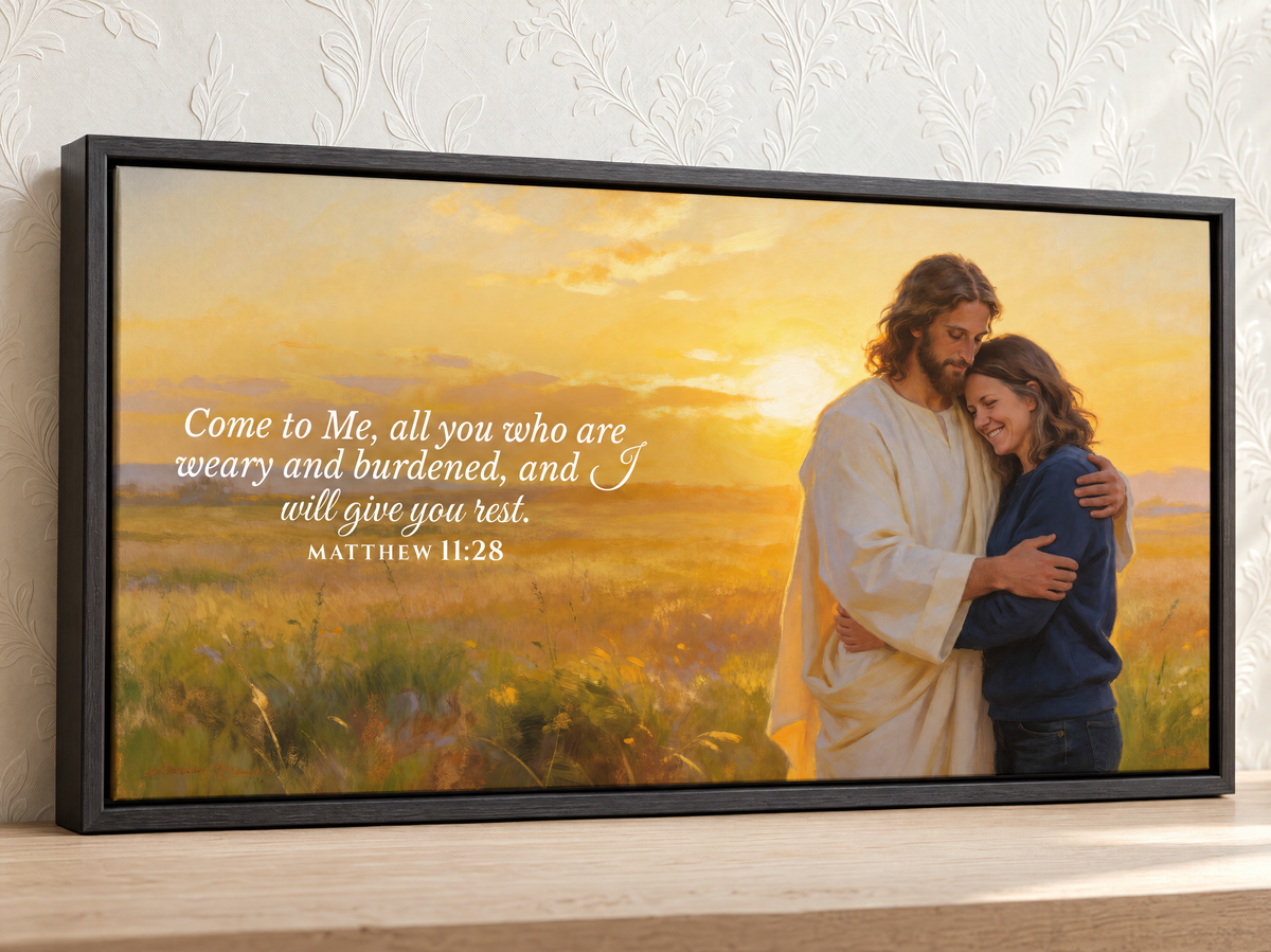 Woman’s personalized Jesus Hug landscape canvas with Matthew 11:28 in a black floating frame