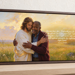 Older man’s personalized Jesus Hug landscape canvas with Isaiah 41:10 in an espresso floating frame