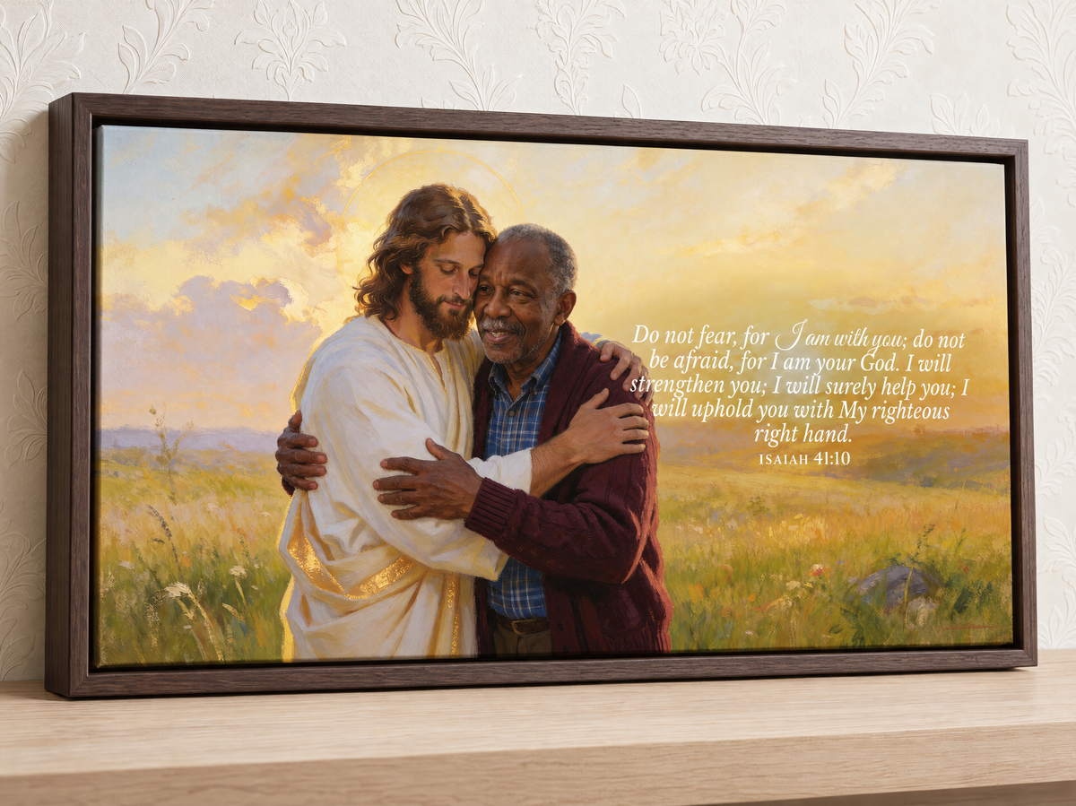 Older man’s personalized Jesus Hug landscape canvas with Isaiah 41:10 in an espresso floating frame