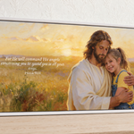 Child’s personalized Jesus Hug landscape canvas with Psalm 91:11 in a white floating frame