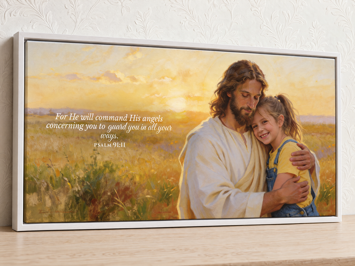Child’s personalized Jesus Hug landscape canvas with Psalm 91:11 in a white floating frame