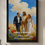 Personalized wedding portrait with Jesus and couple names in a black floating frame