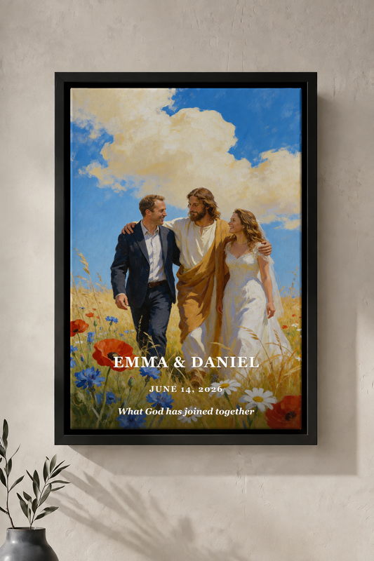 Personalized wedding portrait with Jesus and couple names in a black floating frame