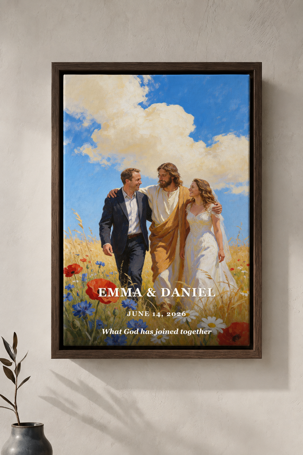 Personalized wedding portrait with Jesus and couple names in an espresso floating frame