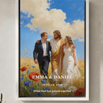 Personalized wedding portrait with Jesus and couple names in a white floating frame