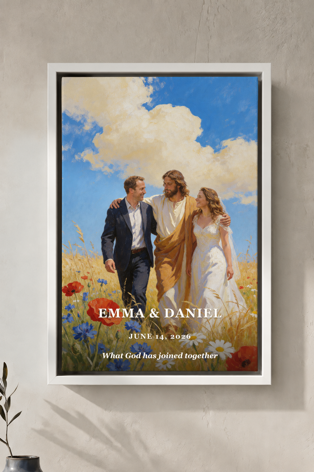 Personalized wedding portrait with Jesus and couple names in a white floating frame