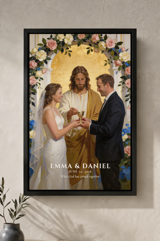 Personalized Christian communion wedding portrait with names in a black floating frame