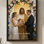 Personalized Christian communion wedding portrait with names in an espresso floating frame