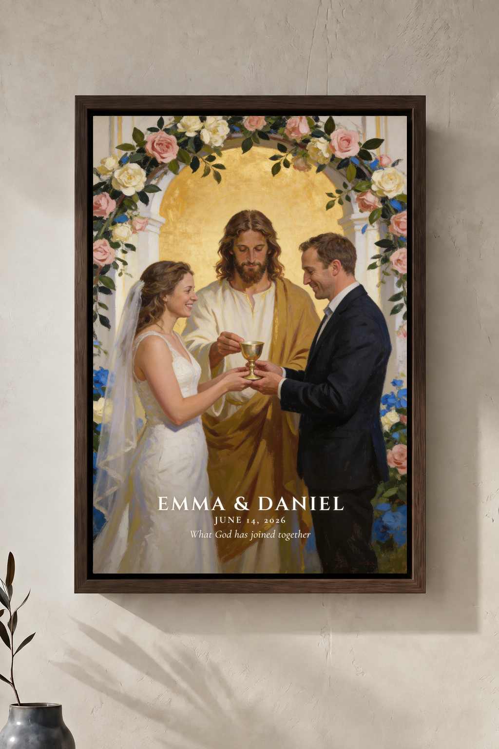 Personalized Christian communion wedding portrait with names in an espresso floating frame