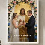 Personalized Christian communion wedding portrait with names in a white floating frame