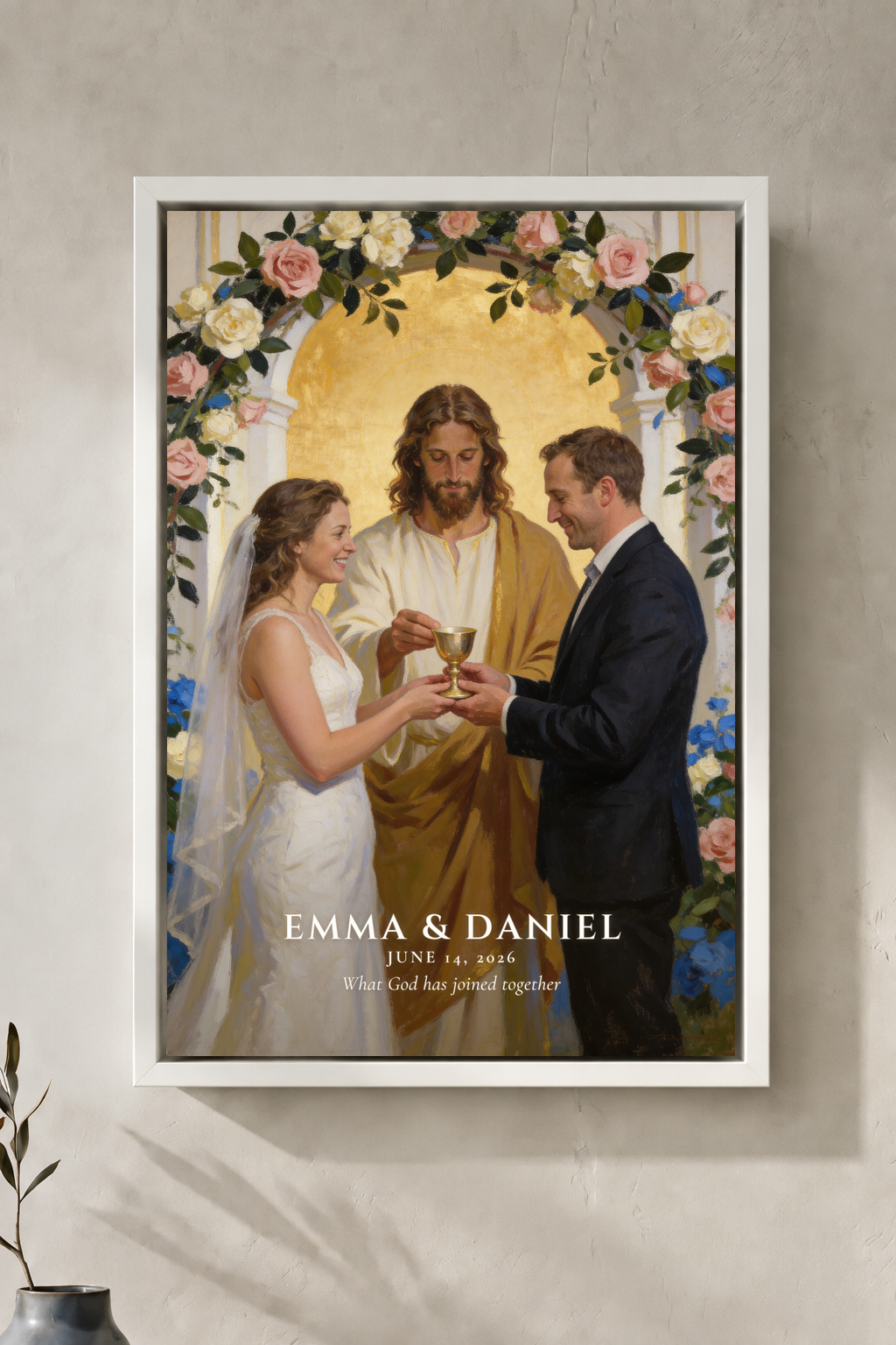 Personalized Christian communion wedding portrait with names in a white floating frame