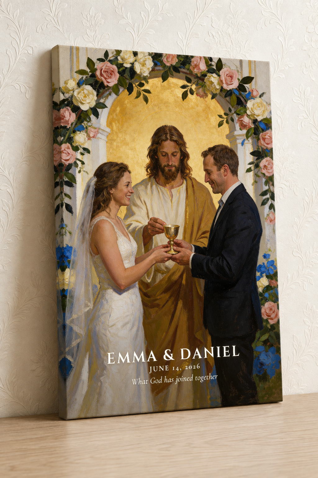 Personalized Christian communion wedding portrait with names on unframed canvas