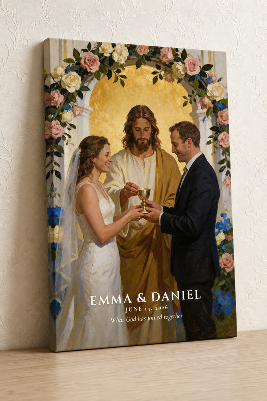 Personalized Christian communion wedding portrait with names on unframed canvas