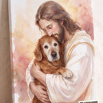 Watercolor Jesus Pet Memorial Portrait personalized canvas of a senior golden retriever held cheek to cheek by Jesus in light watercolor, with a small print of the original pet photo