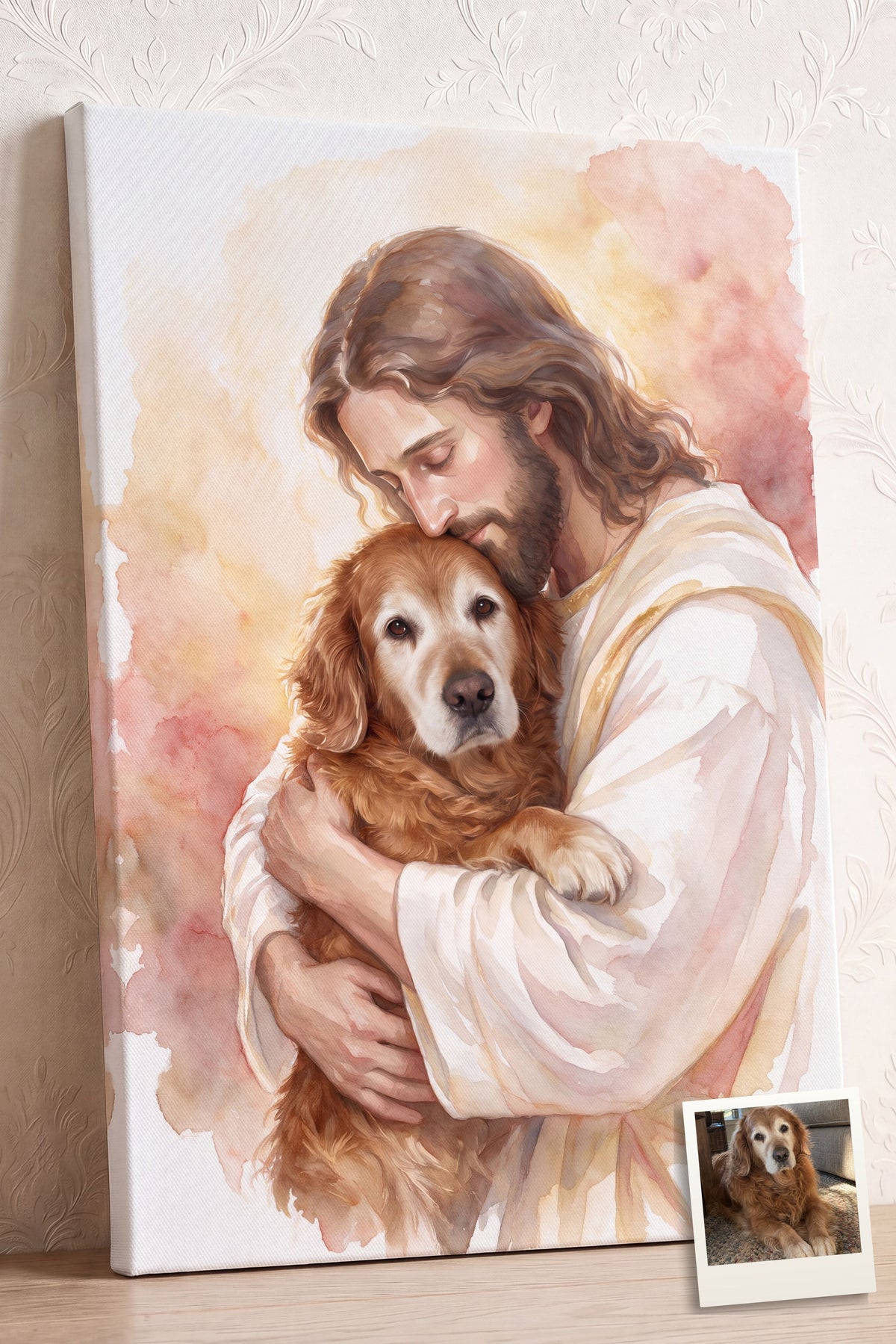 Watercolor Jesus Pet Memorial Portrait personalized canvas of a senior golden retriever held cheek to cheek by Jesus in light watercolor, with a small print of the original pet photo