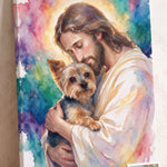 Watercolor Jesus Pet Memorial Portrait personalized canvas of a Yorkshire terrier held cheek to cheek by Jesus in colorful abstract watercolor, with a small print of the original pet photo