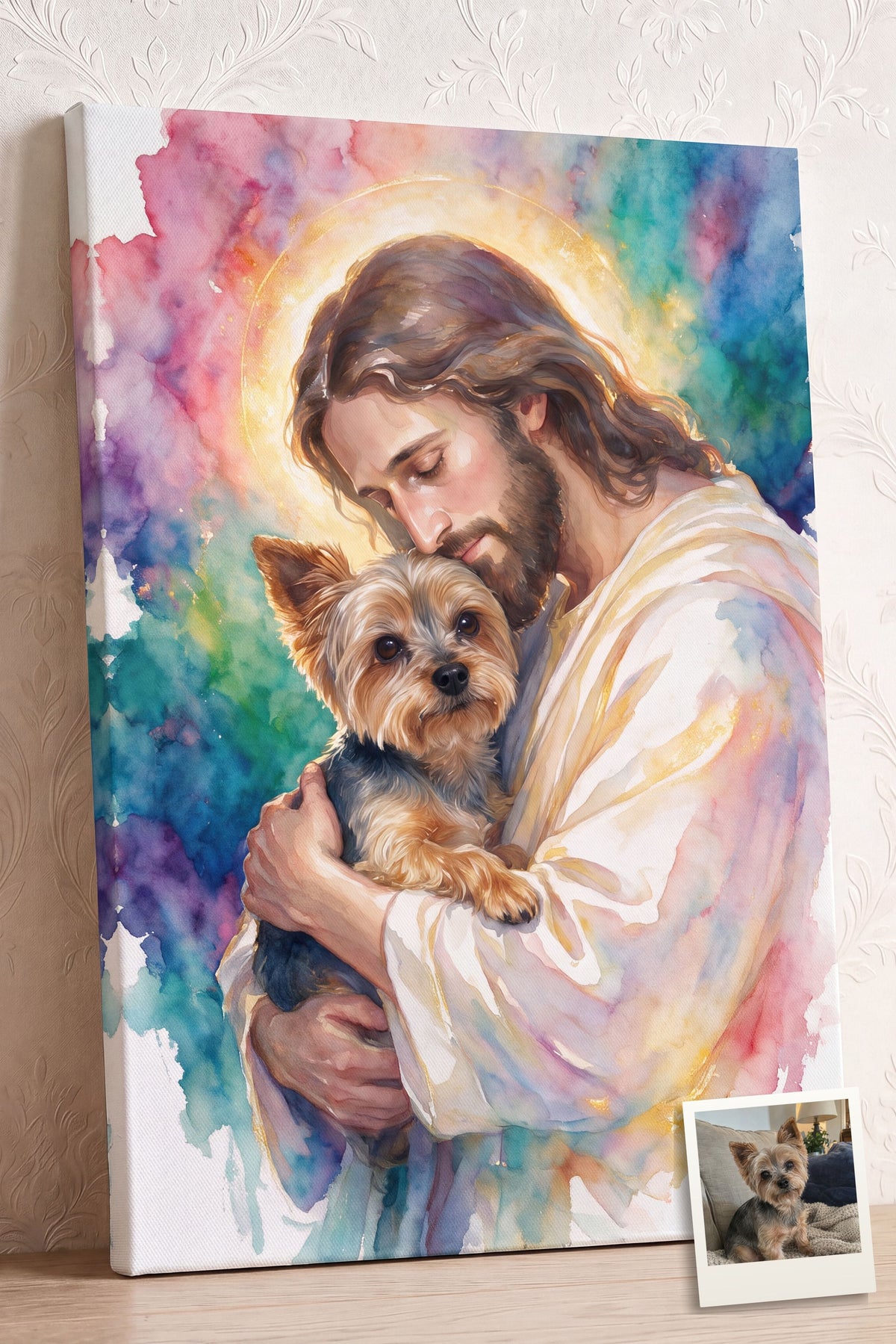 Watercolor Jesus Pet Memorial Portrait personalized canvas of a Yorkshire terrier held cheek to cheek by Jesus in colorful abstract watercolor, with a small print of the original pet photo