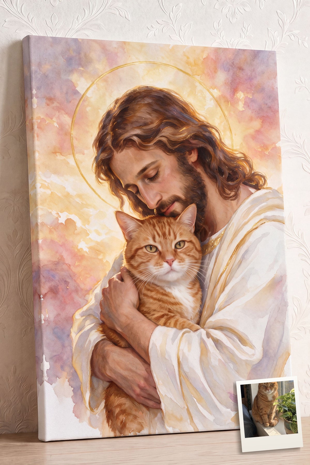 Watercolor Jesus Pet Memorial Portrait personalized canvas of an orange tabby cat held cheek to cheek by Jesus in warm watercolor, with a small print of the original pet photo