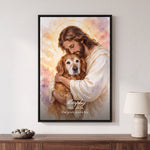 Watercolor Jesus Pet Memorial Portrait canvas for Murphy with name, years and the line Our gentle golden boy in a Black floating frame