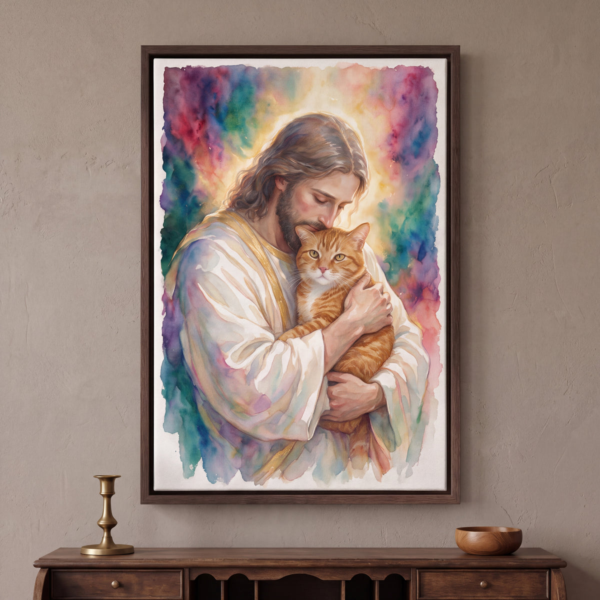 Watercolor Jesus Pet Memorial Portrait personalized canvas of an orange tabby cat held cheek to cheek by Jesus in colorful abstract watercolor, in an Espresso floating frame
