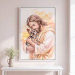 Watercolor Jesus Pet Memorial Portrait personalized canvas of a Yorkshire terrier held cheek to cheek by Jesus in light watercolor, in a White floating frame