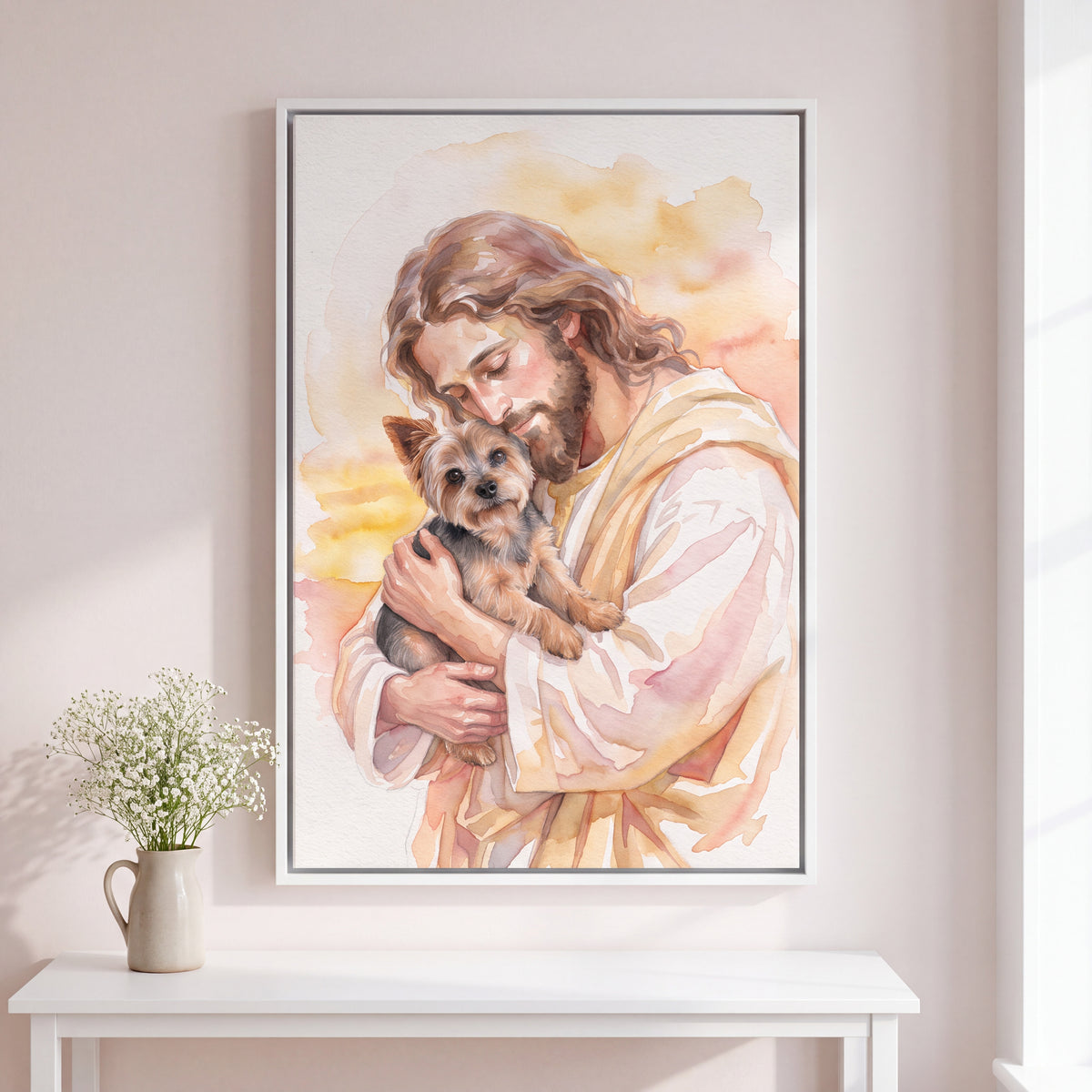 Watercolor Jesus Pet Memorial Portrait personalized canvas of a Yorkshire terrier held cheek to cheek by Jesus in light watercolor, in a White floating frame